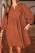 Bracelet Sleeve Split Neck Scallop Detail Pleated Corduroy Mini Dress